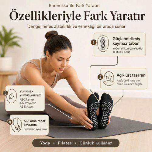 Kadın Siyah Kaymaz Yoga Pilates Çorabı 6'lı | Silikon Taban, Bilek Bantlı, Ev Spor Umre