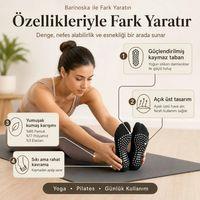 Kadın Siyah Kaymaz Yoga Pilates Çorabı 6'lı | Silikon Taban, Bilek Bantlı, Ev Spor Umre