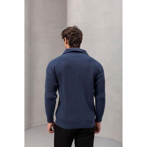 Oversize Selanik Örgü 4 Düğmeli Yarım Pat Rahat Kalıp Erkek Triko Kazak - İndigo