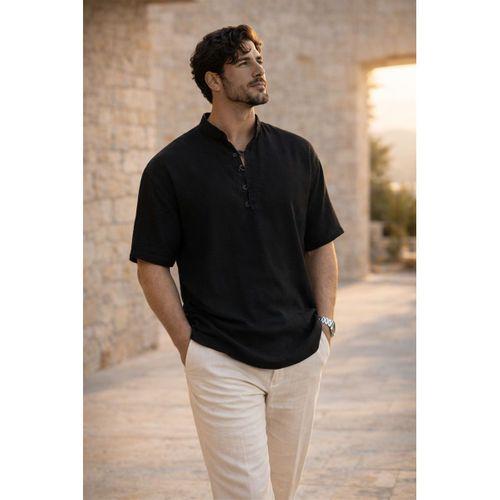 Wes Oversize Yarım Pat Bambu Kısa kol Gömlek - Siyah