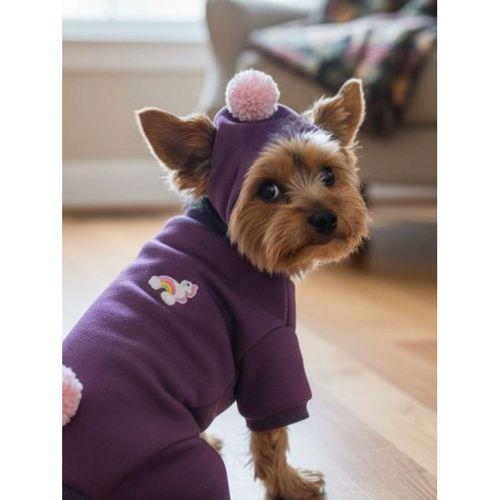 Purple PonPon Pony Köpek Tulumu & Bere Takımı | Şardonlu Polar Kumaş | Küçük Irk Köpekler İçin | Tüy Dökülmesini Azaltır