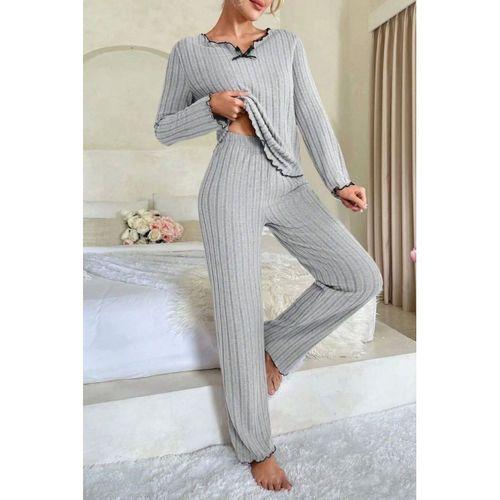 Kadın Gri Çizgili Fiyonk Detaylı Uzun Kollu Mevsimlik Pijama Takımı Premium Ev Giyim