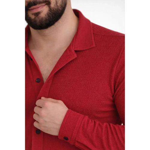 Erkek Waffle Kumaş Uzun Kollu Düğmeli Açık Yaka Regular Fit Gömlek - Kırmızı
