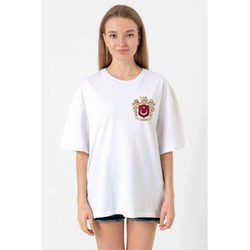 Türk Arma Baskılı Oversize Bisiklet Yaka Günlük T-shirt - Beyaz