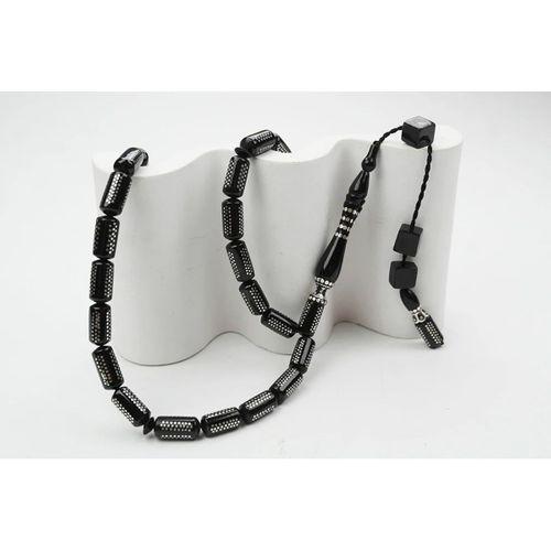 Oltu Taşı  Boru Kesim Kilim Desen İşlemeli Tespih