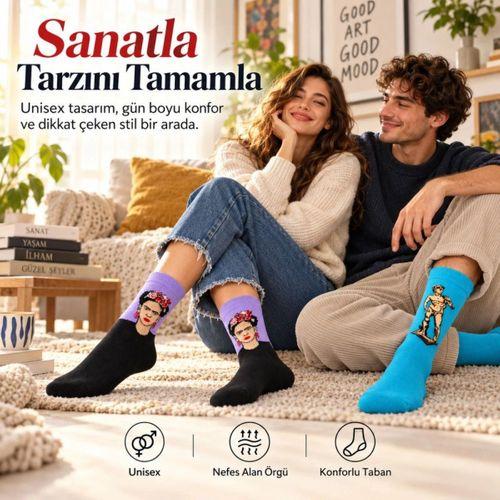 Unisex Çorap Sanat Temalı Renkli 7'li Set Portre Tablo Desenli Uzun Soket Günlük Eğlenceli Çorap Şık