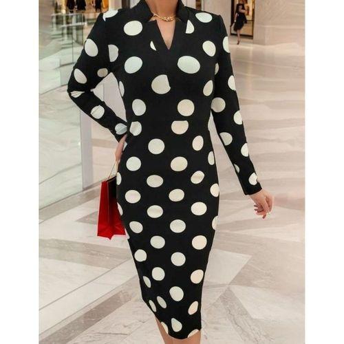 Kadın Uzun Kollu V Yaka Puantiyeli Krep Midi Boy Elbise