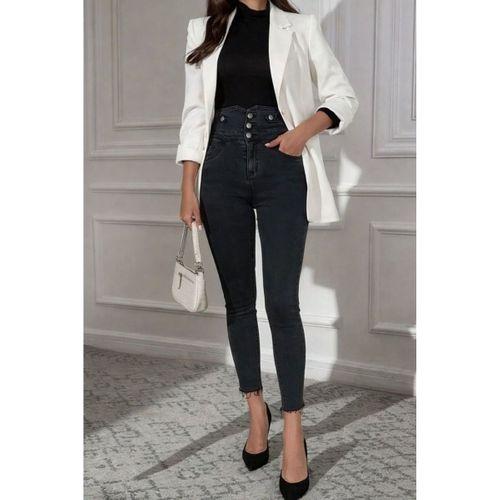 Kadın Yüksek Bel önden Düğmeli Cepli Dar Kesim Detaylı Kot Pantolon