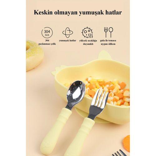 Silikon Saplı Paslanmaz Çelik Bebek Kaşık Çatal Seti Açık Pembe
