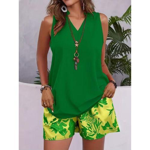 Kadın Askılı V Yakalı Sandy Bluz Ve Desenli Short Ikili Takım