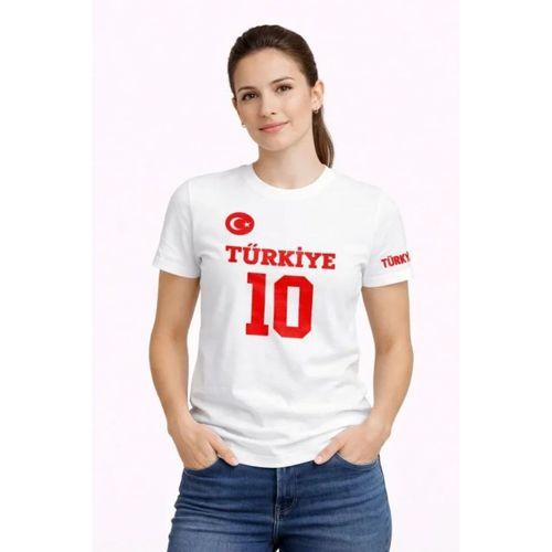 TÜRKİYE Ay Yıldız Baskılı 10 Numara Forma Tişört Taraftar T-Shirt - Beyaz
