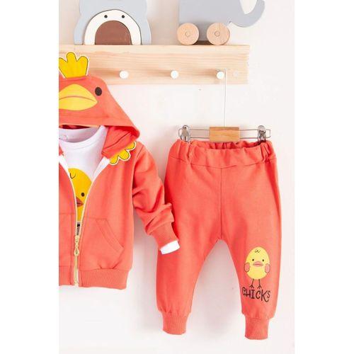 Civciv Desenli Kapişonlu 3'lü Erkek Bebek Takımı