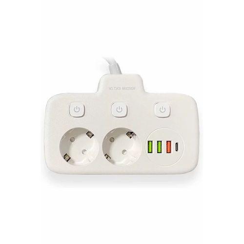 Akım Korumalı 2’li Ayrı Anahtarlı Priz, 2x Priz, 3x Usb, 1x Type-c, 2 Mt Kablo, Hızlı Şarj