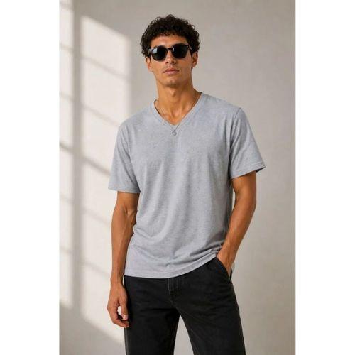 Erkek V Yaka Basic Tişört Kısa Kol Yazlık Regular Fit T-Shirt - Gri