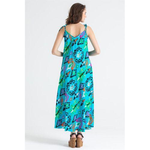 Askılı Viskon Suzan Uzun Yazlık Elbise Etnik Turkuaz Etnk trkz