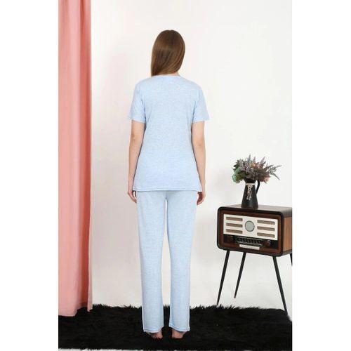 Kadın Kısa Kol Pamuk Penye Pijama Takım Mavi