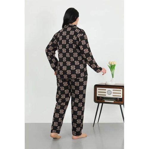 Kadın Büyük Beden Pamuklu Cepli Düğmeli Siyah Pijama Takım