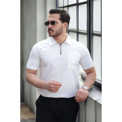 Yarım Fermuar Tek Cepli Erkek T-Shirt - Beyaz