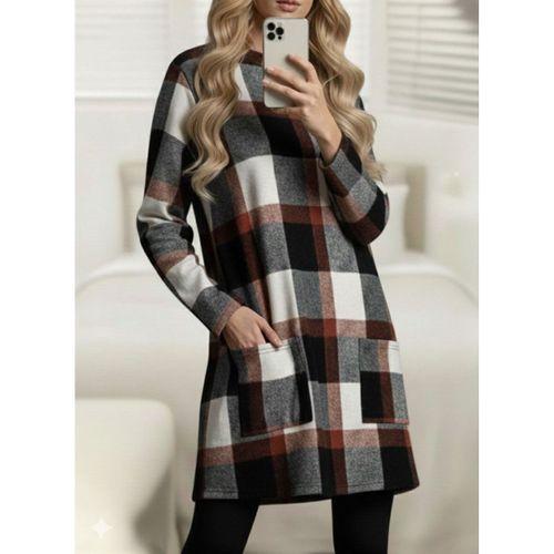 Kadın Uzun Kollu Yarı Balıkçı Yakalı Cep Detaylı Ekoseli Dokuma Tunik