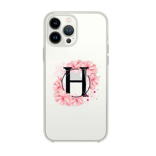 iPhone 13 Pro Max Pembe Çiçek Desen H Harfli Premium Şeffaf Silikon Kılıf