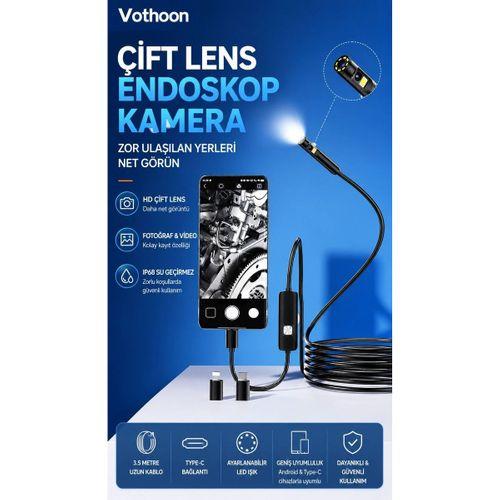 10 Metre Çift Kameralı İos android Uyumlu Yılan Endoskop Kamera 8mm 2mp Led’li Sert Kablo
