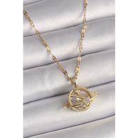 pilelistore 316L Çelik Gold Renk Zincir Zirkon Taşlı Yıldız Detay Satürn Gezegen Model Kadın Kolye - TJ-BKO9642