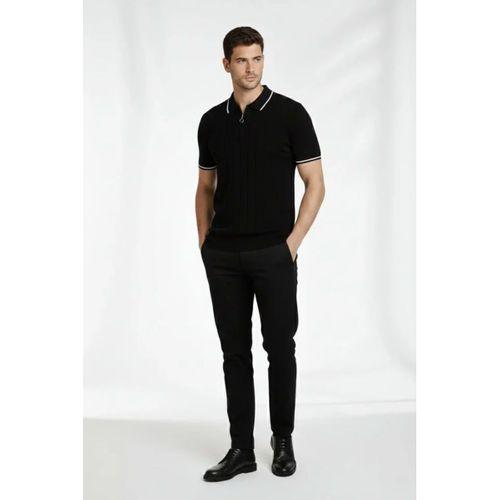 Erkek Fermuarlı Yaka Fitilli Triko Kısa Kollu Regular Fit Tişört T-shirt - Siyah