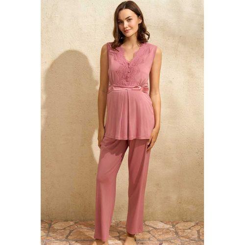 Sıfır Kol V Yaka Kadın Viskon Düz Yazlık Uzun Dantel Detaylı Hamile Pijama Takımı Sabahlık