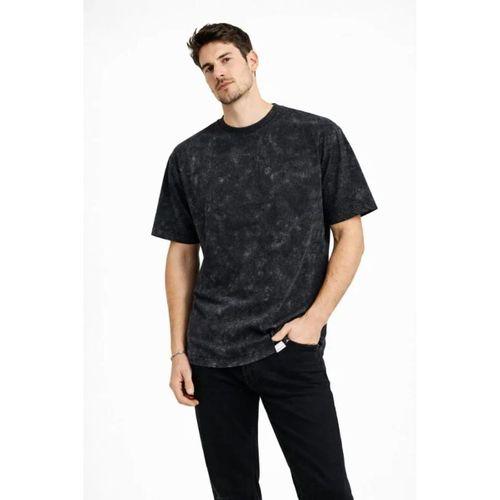 Erkek Asit Yıkama Bisiklet Yaka Kısa Kollu Oversize T-Shirt Tişört - Siyah