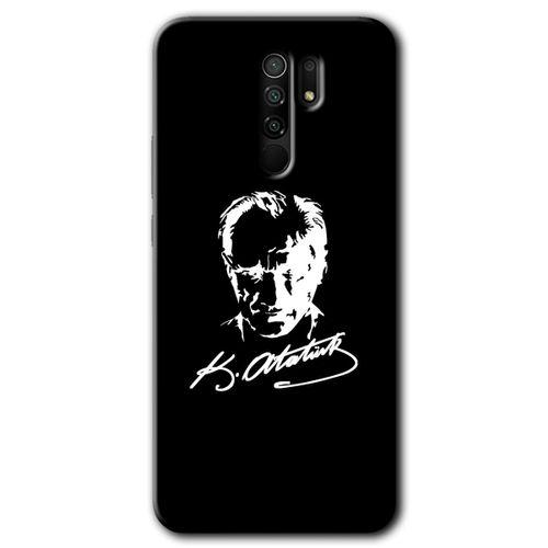 Xiaomi Redmi 9 Kılıf HD Desen Baskılı Arka Kapak+Temperli Cam - Atatürk Silüet İmza