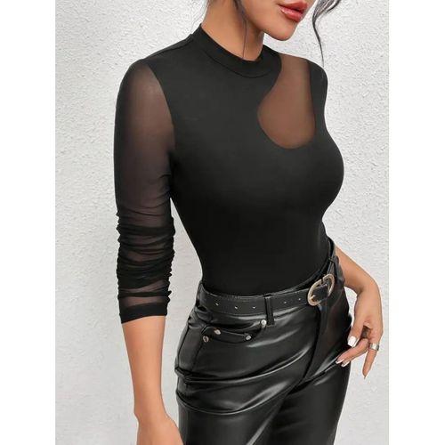 Kadın Uzun Kollu Yarı Balıkçı Yaka Kolları Tüllü Dalgıç Bluz