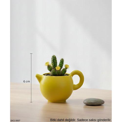 Sarı Caydanlik Seklinde Mini Dekoratif Saksi 6 Cm Masa Ustu Ofis Dekoru