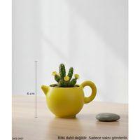 Sarı Caydanlik Seklinde Mini Dekoratif Saksi 6 Cm Masa Ustu Ofis Dekoru