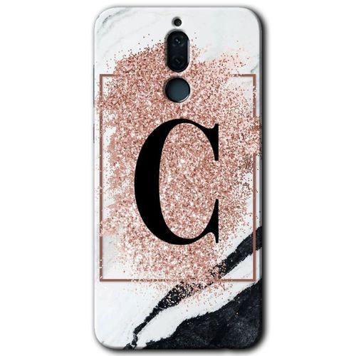 MRCİLETİSİM Huawei Mate 10 Lite Kılıf HD Desen Baskılı Arka Kapak + Temperli Cam - Pembe Mermer Desenli C Harfi