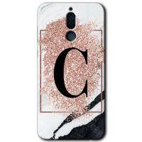 MRCİLETİSİM Huawei Mate 10 Lite Kılıf HD Desen Baskılı Arka Kapak + Temperli Cam - Pembe Mermer Desenli C Harfi