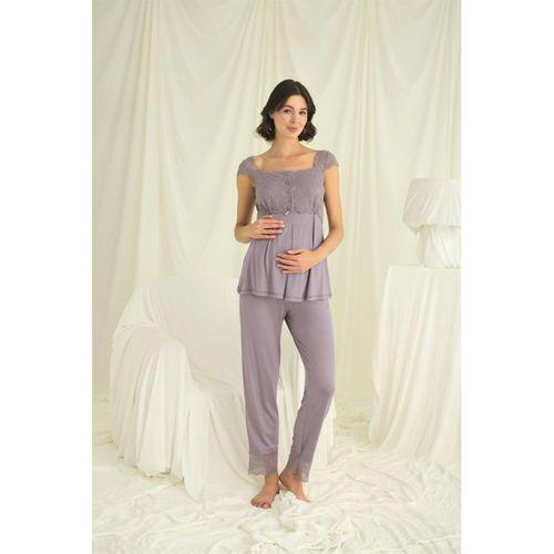 Dantelli Önü Düğmeli Hamile Lohusa 3'lü Pijama Takımı