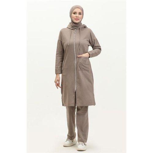 Kapşonlu Fermuarlı Yırtmaçlı Uzun Sweat Pantolon Spor İkili Takım - 03055.016 - Vizon