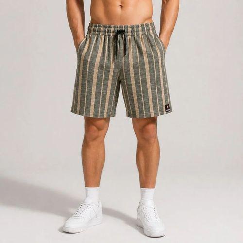 Erkek Çizgili Yazlık Şort Dokuma Kumaş Lastikli Bel Cepli Rahat Kesim - Haki