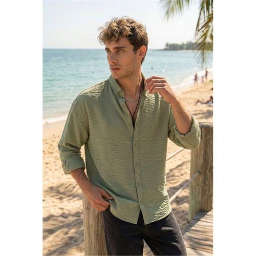 Pera Kumaş Keten Görünümlü Yarım Oversize Uzun kollu Erkek Gömlek - Açık Haki