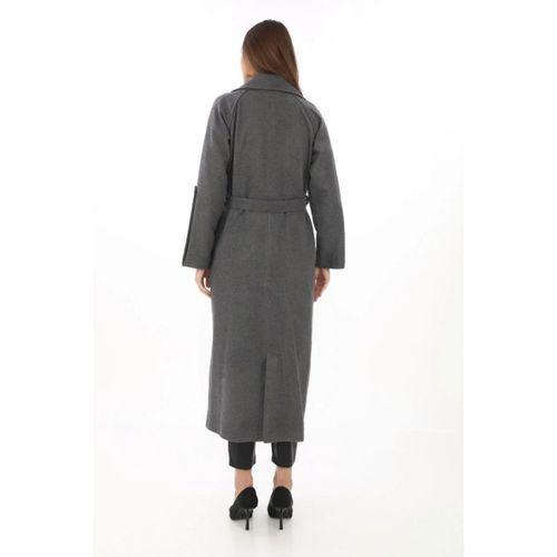 Uzun Kaşe Kaban – Yünlü Dokuma Kaşmir Kumaş, Kruvaze Yaka, Kuşaklı Astarlı Tesettür Uyumlu Şık Kışlık Siyah Model - Füme