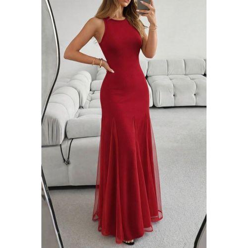 Kadın Askılı Bisiklet Yaka Etek Ucu Tül Detaylı Asimetrik Kiloş Uzun Ithal Krep Elbise