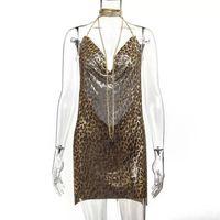 Kadın Leopard  Zincir Askılı Parlak Taşlı Gece Elbisesi Sırt Dekolteli Mini Parti Elbisesi Clubwear,parti Club Elbisesi