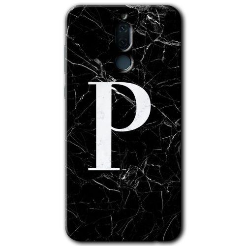 Huawei Mate 10 Lite HD Baskılı Kılıf + 9D Tam Ekran Koruyucu - Siyah Mermer Desenli P Harfi