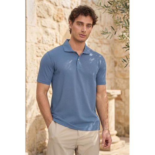 Evenor Kabartma Desenli Polo Yaka Düğmeli Relaxed FitYumuşak İnce Erkek T-Shirt - Mavi