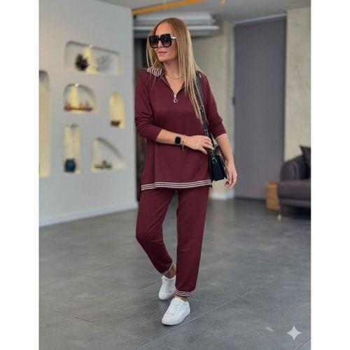 Kadın Uzun Kollu Fermuarlı şerit Detay Desenli Alt üst Ikili Viskon Iki Iplik Takım