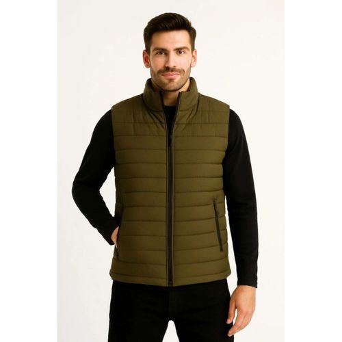 Erkek Şişme Fermuarlı Yelek Su Itici Kapitone Astarlı Kumaş Cepli Hafif Kışlık Spor Rahat Kalıp - Haki