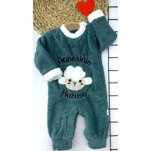 3-6-9-12 Ay Kuzu Tüylü Kumaş Annesinin Kuzusu Nakışlı Alttan Çıtçıtlı Kız Erkek Bebek Tulumu Petrol Mavisi