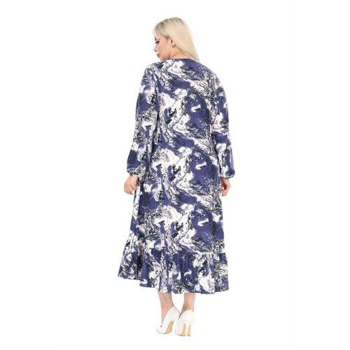 Melsay Butik Kışlık Robalı Yumoş Uzun Kollu Mavi Batik Desenli Cepli Elbise