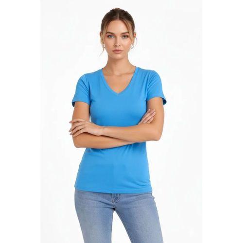 T-Shirt V Yaka Slim Fit Likralı Tişört Günlük Basic Body - Açık Mavi