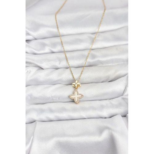 316L Çelik Zincir Gold Renk 4 Yapraklı Yonca Model Zirkon Taşlı Kadın Kolye